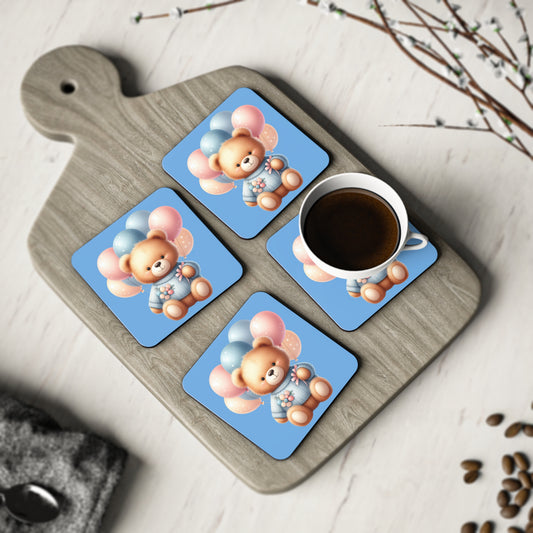 Teddy Bear Balloon Cork Coaster | Round Coasters  | Square Drinking Coasters | Teddy Bear Collectors | Nursery, Baby Shower Decor