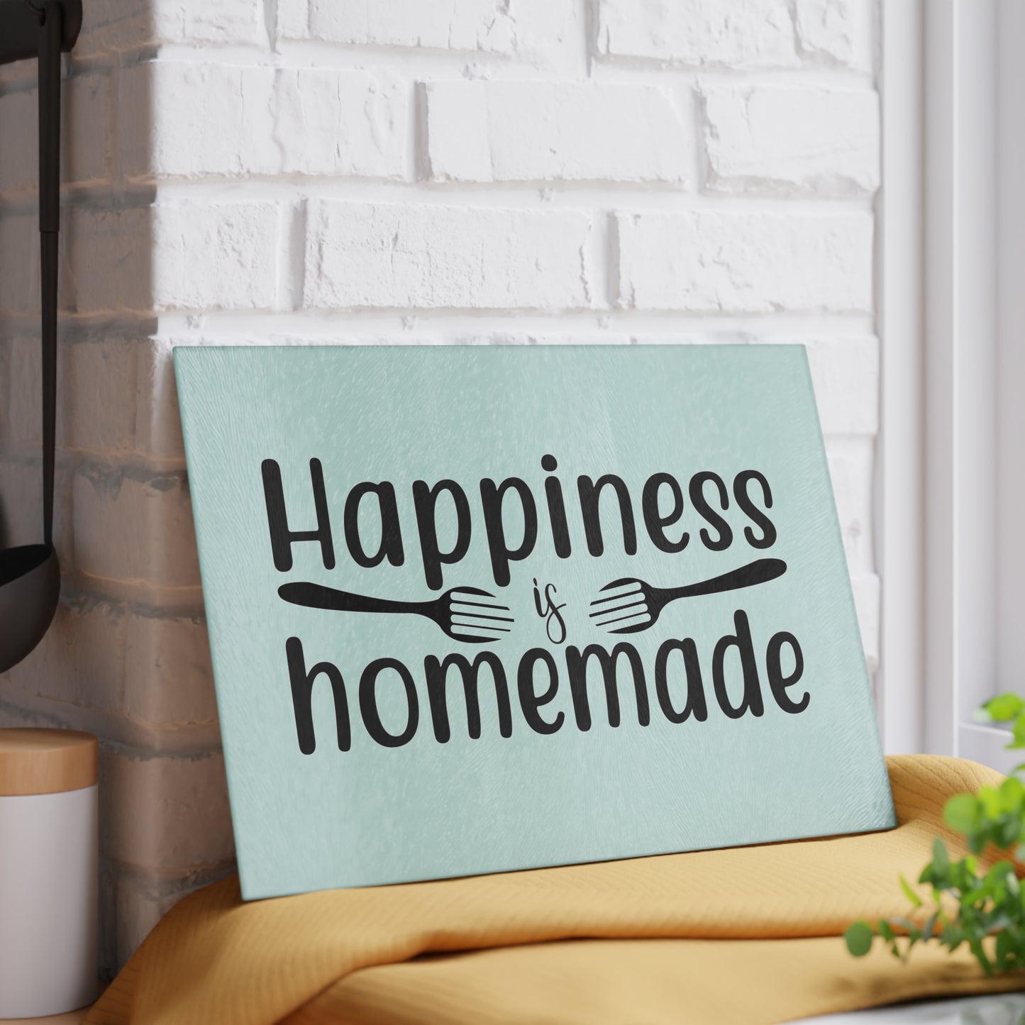 Happiness is Homemade Glass Cutting Board | Kitchen Quote, Mint Background