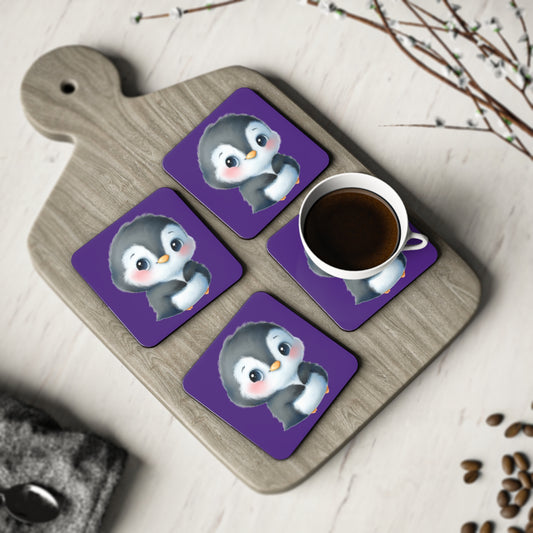 Cute Baby Penguin coaster | Round Cork Drink Coaster, Kawaii Animal Table Decor