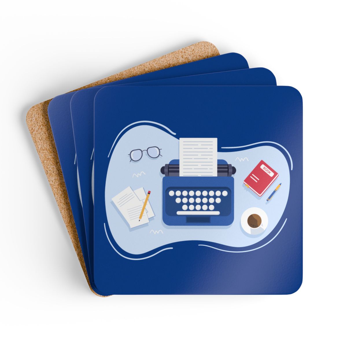 Write at Work Coaster Set – Cork-Backed, Glossy, Bookish Desk Decor (Set of 4)