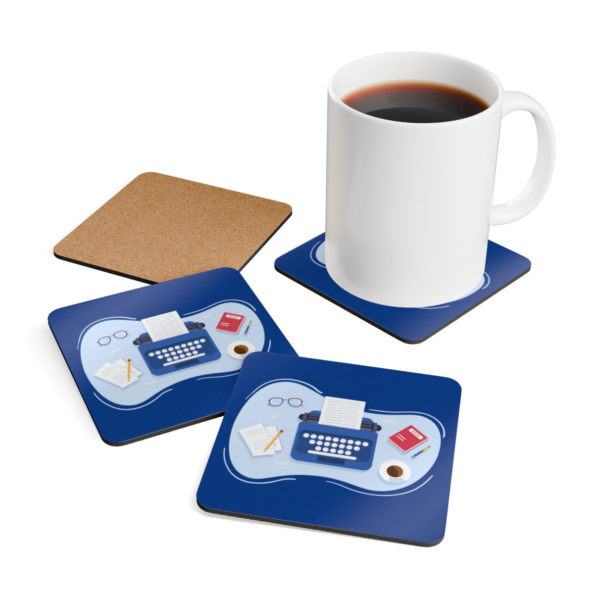 Write at Work Coaster Set – Cork-Backed, Glossy, Bookish Desk Decor (Set of 4)